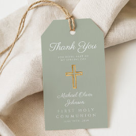 Religieus kruis saliegroen eerste communie cadeaulabel