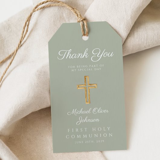 Religieus kruis saliegroen eerste communie cadeaulabel