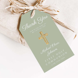 Religieus kruis saliegroen eerste communie  cadeaulabel