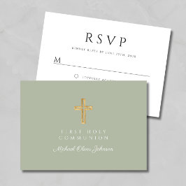 Religieus kruis saliegroen eerste communie RSVP kaartje