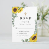 Religieus kruis saliegroen zonnebloem bruiloft  RSVP kaartje (Staand voorkant)
