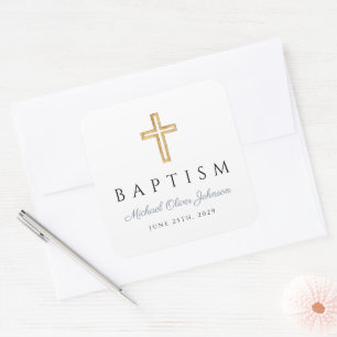 Religieus kruis stoffig blauw script jongen doop  vierkante sticker