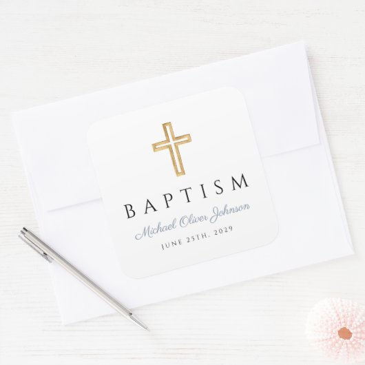 Religieus kruis stoffig blauw script jongensdoop vierkante sticker (Envelop)