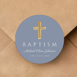 Religieus kruis stoffig blauwe jongensdoop  ronde sticker