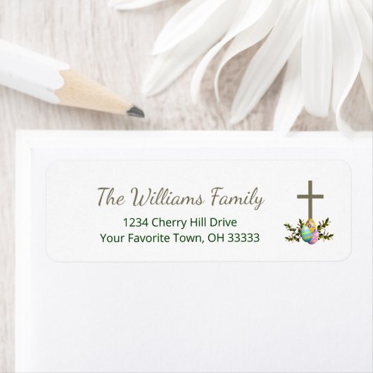 Religieus kruis versierde eieren paasbrunch etiket (Insitu)