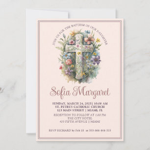 Religieus kruis waterverf bloemen meisje doop kaart