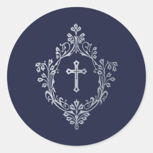 Religieus marineblauw namaak zilveren kruis in wap ronde sticker