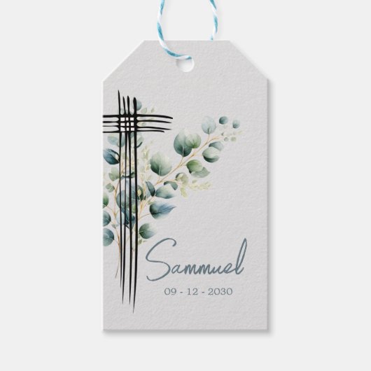 Religieus Modern Botanisch Jongen Blauw Kruis Cadeaulabel (Voorkant)