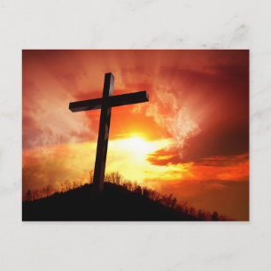 Religieus Paaskruis bij Zonsondergang Feestdagenkaart