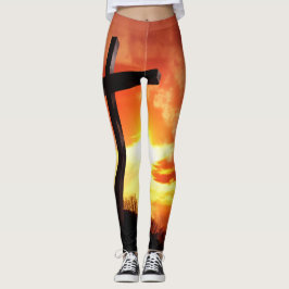 Religieus paaskruis op zonsondergang leggings