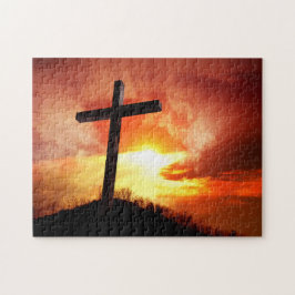 Religieus paaskruis op zonsondergang legpuzzel