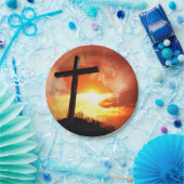 Religieus paaskruis op zonsondergang papieren bordje (Feest)