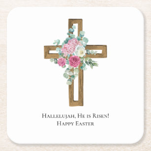 Religieus Pasen Hij Is Opgewekt Houten Kruis Bloem Kartonnen Onderzetters