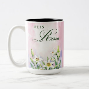 Religieus Pasen Hij Is Opgewekt Lelies Aquarel Tweekleurige Koffiemok