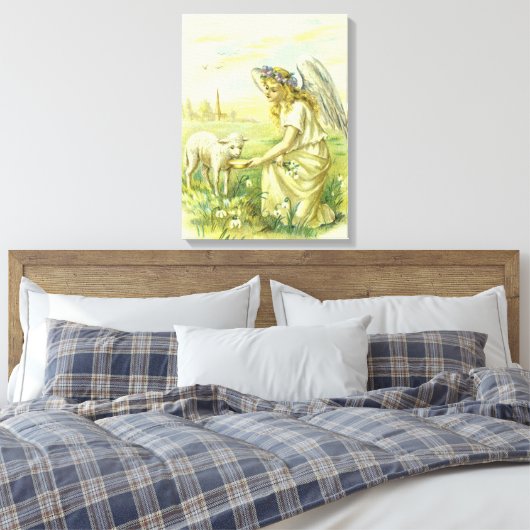 Religieus Pasen Victoriaans Engel met Lam Canvas Afdruk (Insitu (Slaapkamer))