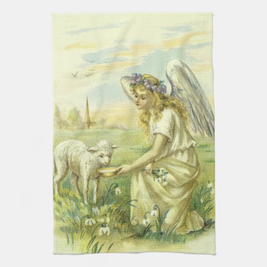  Religieus Pasen Victoriaans Engel met Lam Theedoek (Verticaal)