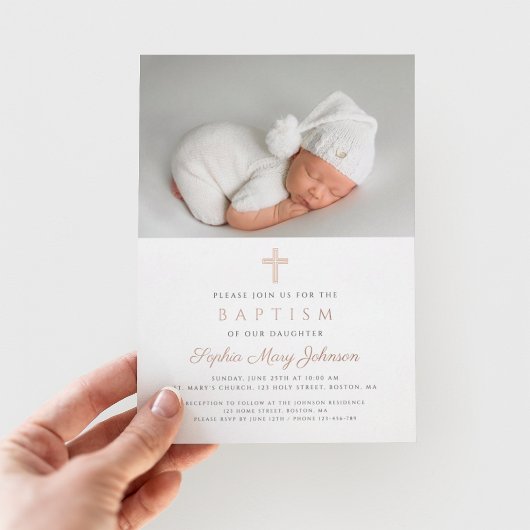 Religieus roze gouden kruis meisje foto doop folie uitnodiging