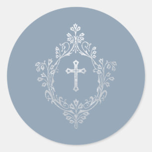 Religieus stoffig blauwe nepsierkruis in kuif ronde sticker