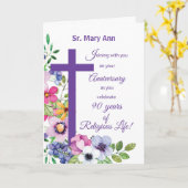 Religieus Zusje Jubileum Paarse Kruis Kaart (Gele Bloem)