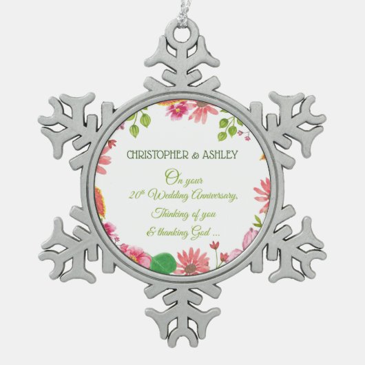 Religieuze 20e bruiloft Jubileum bloemen Tin Sneeuwvlok Ornament (Voorkant)
