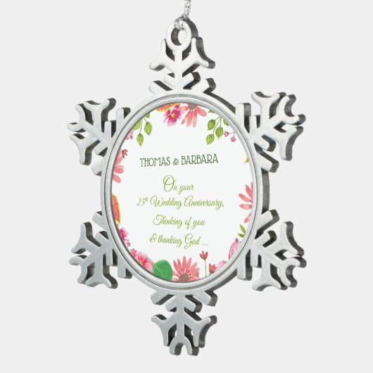 Religieuze 25e bruiloft Jubileum bloemen Tin Sneeuwvlok Ornament (Rechts)