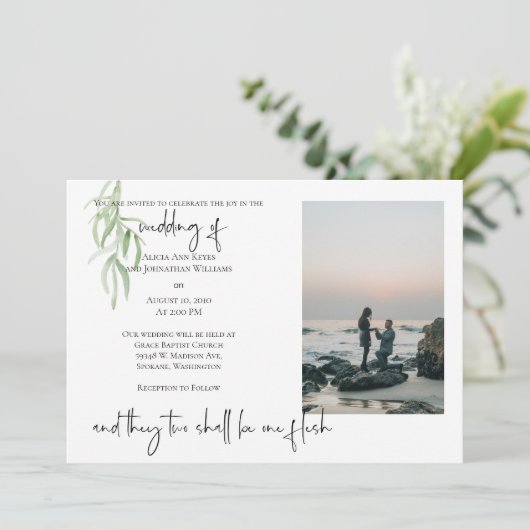 Religieuze 2 Foto Wedding Invitation Olive Branch Save The Date (Staand voorkant)