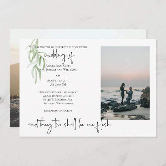 Religieuze 2 Foto Wedding Invitation Olive Branch Save The Date (Voorkant / Achterkant)