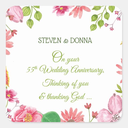 Religieuze 55e bruiloft Jubileum bloemen Vierkante Sticker (Voorkant)