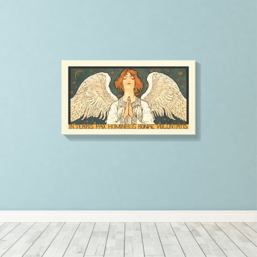 Religieuze Angel die bidt met goudsterren Canvas Afdruk (Insitu (Houten vloer))