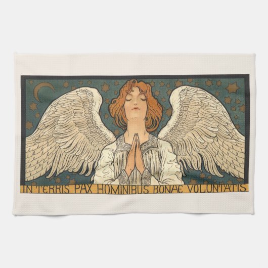 Religieuze Angel die bidt met goudsterren Theedoek (Horizontaal)