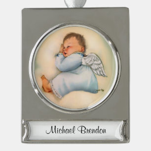 Religieuze Baby Boy Angel Sleeping Verzilverd Banner Ornament