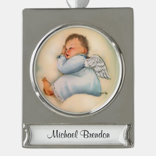 Religieuze Baby Boy Angel Sleeping Verzilverd Banner Ornament (Voorkant)