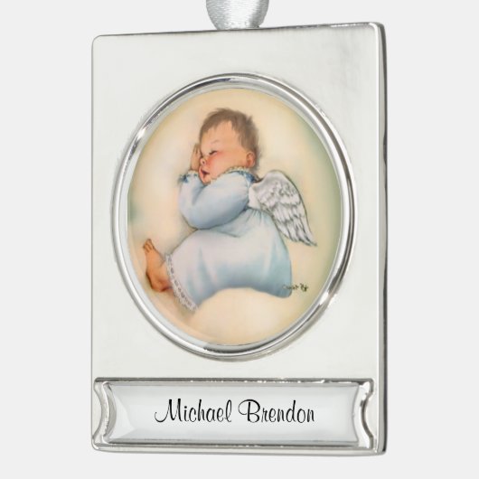 Religieuze Baby Boy Angel Sleeping Verzilverd Banner Ornament (Links)