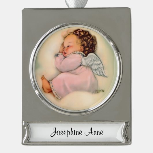 Religieuze Baby Girl Angel Sleeping Verzilverd Banner Ornament (Voorkant)