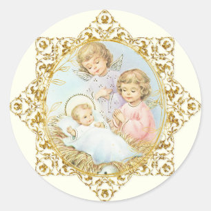 Religieuze Baby Jezus Kerstmis Angels Roses Ronde Sticker