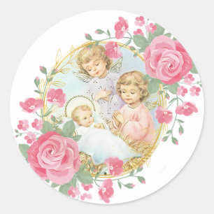Religieuze Baby Jezus Kerstmis Angels Roses Ronde Sticker