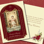Religieuze Baby Jezus Schrift Kerstmis<br><div class="desc">Met een mooi traditioneel katholiek traditioneel religieus oogstbeeld van de Baby Jezus op het altaar in een woede met de eucharist. Alle tekst en doopvonten kunnen worden gewijzigd. Inside is een ander aangepast afbeelding van de Baby Jezus met rozen en een scriptversum. Een kaars met rozen en een rozenkast bevinden...</div>