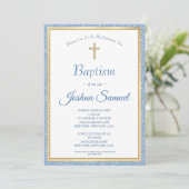 Religieuze Baptism Blue Glitter Gold Cross Boy Kaart (Staand voorkant)