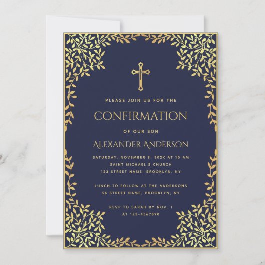 Religieuze Bevestiging Marine Blauw Goud Verlaat J Kaart (Voorkant)