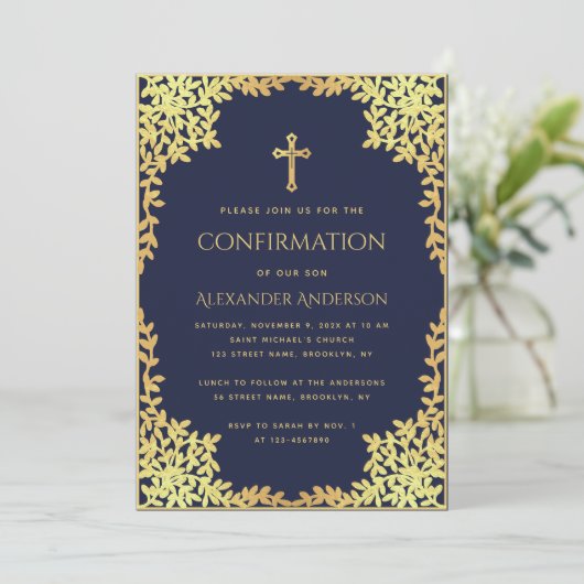 Religieuze Bevestiging Marine Blauw Goud Verlaat J Kaart (Staand voorkant)