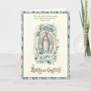Religieuze Birthday Blue Floral Virgin Mary Notitiekaartje