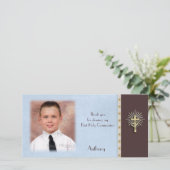 Religieuze blauwe bruine fotokaart bedankkaart (Staand voorkant)