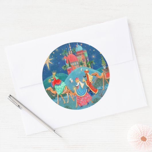 Religieuze blauwe kerstfeestdag met drie koningen ronde sticker (Envelop)