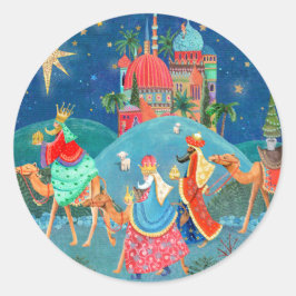 Religieuze blauwe kerstfeestdag met drie koningen ronde sticker