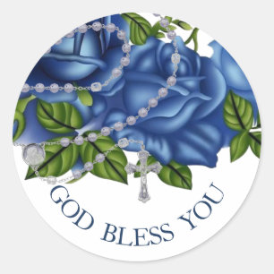 Religieuze blauwe Rozen Rosary Elegant Cross Ronde Sticker