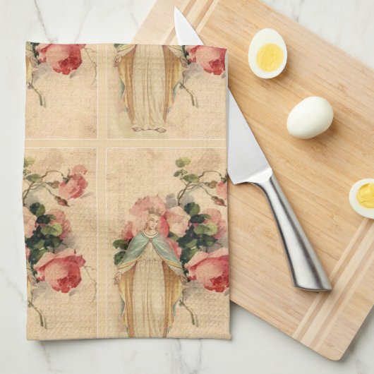 Religieuze bloeiende Maagd Maria Rozen Theedoek (Quarter Fold)