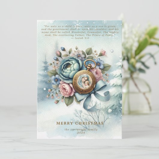 Religieuze Bloemen Kerstmis Geboorteplaats Schrift Feestdagenkaart (Staand voorkant)