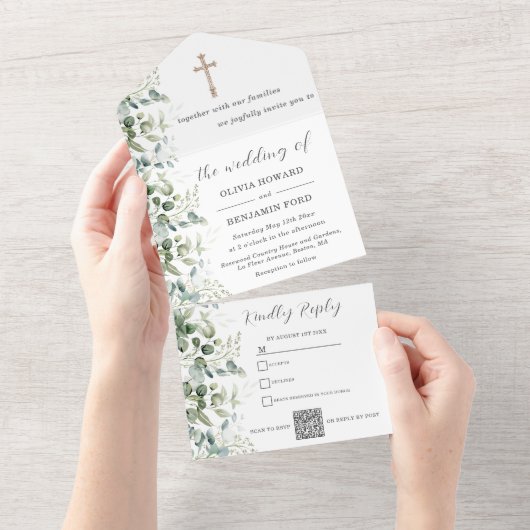 Religieuze bruiloft | Eucalyptus QR-code All In One Uitnodiging (Afscheurbaar)