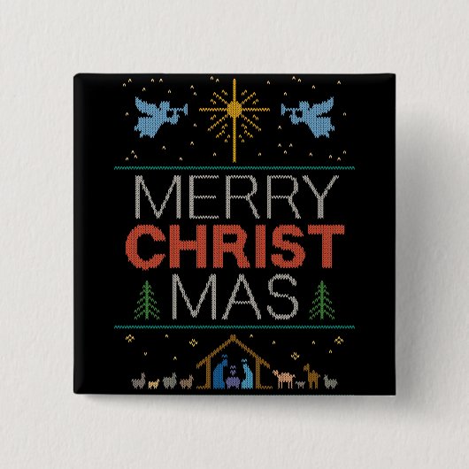Religieuze Christelijke Ugly Merry KerstSweater Vierkante Button 5,1 Cm (Voorkant)