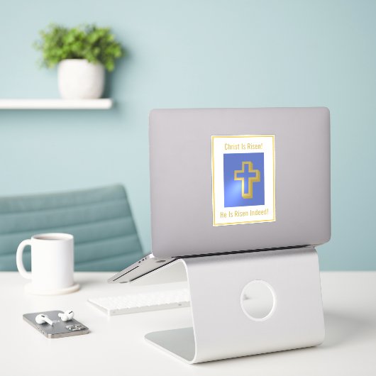 Religieuze Christus is Risen Goud Kruis Blauw Pase Sticker (Laptop op bureau)